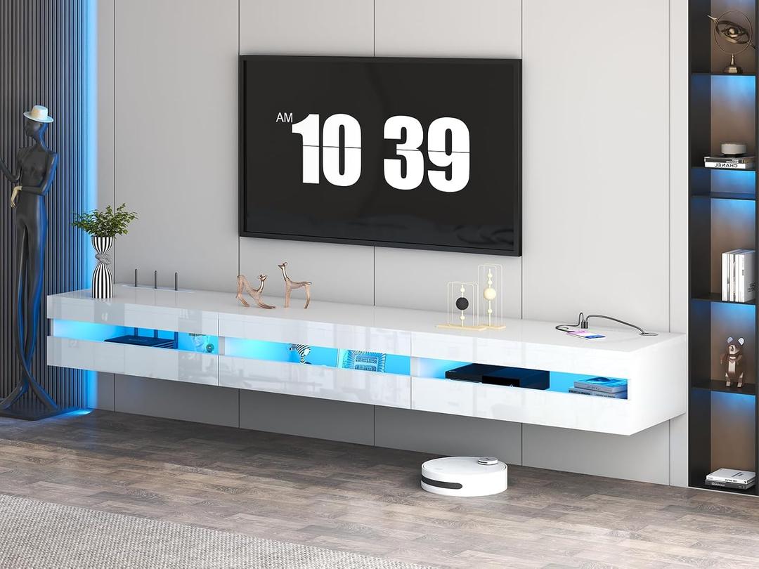 Floating TV Stand | 94.5'' Long Wall Mounted TV Shelf with Power Outlet, Modern Wooden Entertainment Center Media Console with Storage, High Gloss Large TV Cabinet, Up to 100 Inch TVS (White)