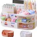 Kawaii Stationery Storage Box Makeup Organizer with 2 Drawers, Kawaii Pen Organizer with Stickers DIY Fun, Desk Organizers and Accessories with 5 Compartments for Teen Girls Office Art Supplie (Large, White)