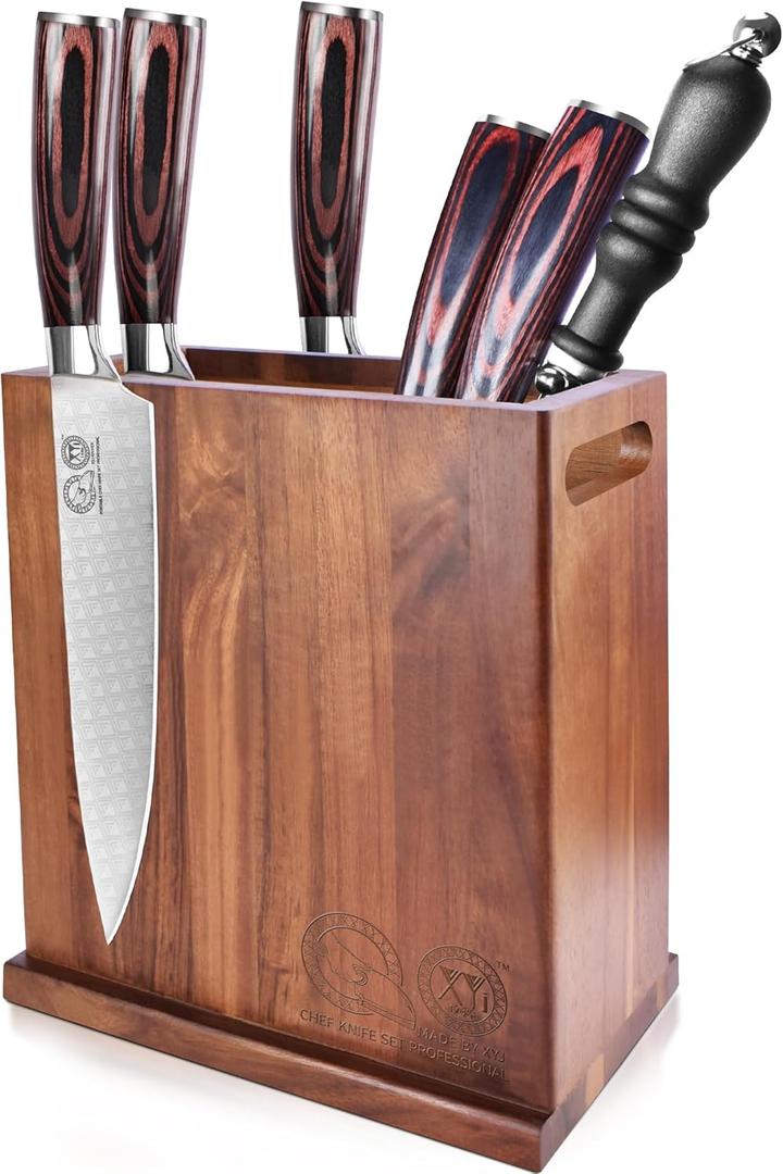 XYJ Magnetic Knife Block Holder,Double Side Magnetic Knife Stand,Acacia Wood,Extra Large Capacity Magnet Knife Storage for Knives and Utensils,Kitchen Organizer Rack Tool Without Knives (8.5*8.5 inch, dark wood color)