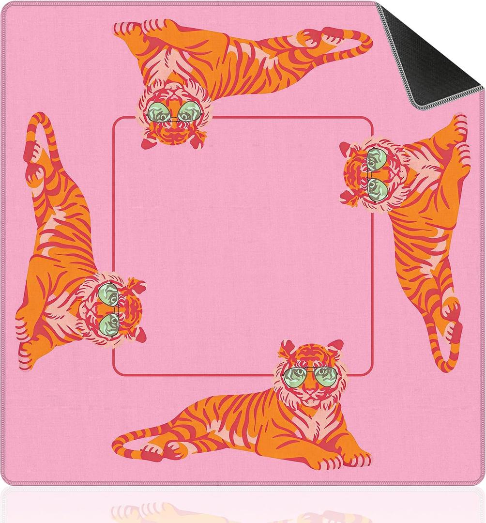 Preppy Pink And Orange Tiger Mahjong Mat For Table 31.5 X 31.5 In, Mahjong Gifts For Women, Pink And Orange Home Decor Anti-Slip Table Cover Tablecloth