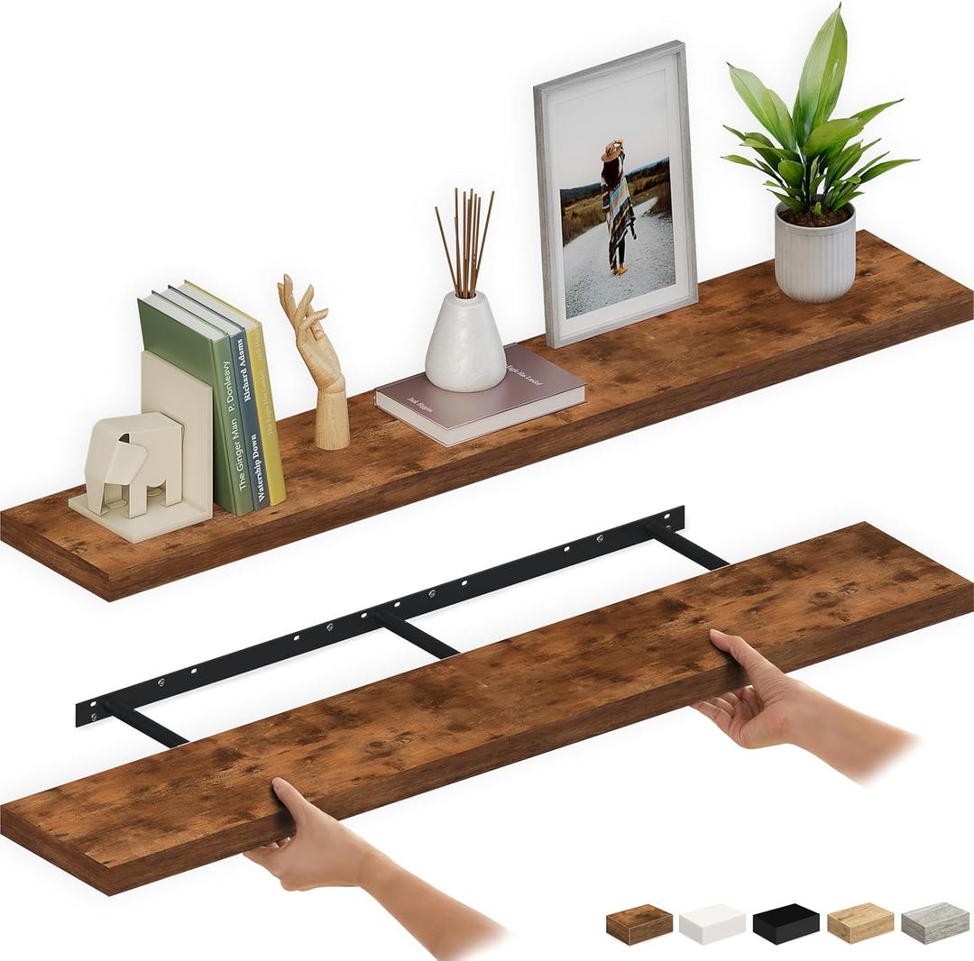 Ballucci Floating Shelves for Wall, 60" Wood Wall Shelf Set of 2, with Invisible Brackets for Bathroom, Living Room, Bedroom, Kitchen, Nursery, 8" Deep, Rustic Brown