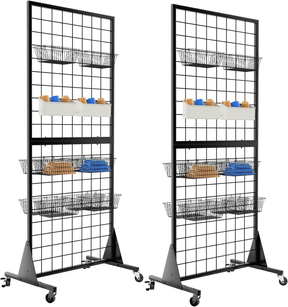 2-Pack Gridwall Panel Display Stand, 2'x5.5' Heavy Duty Floor Standing Rack with Detachable Girdwall, Movable Silent Wheel, Easy to Transport, Ideal for Retail & Craft Fairs