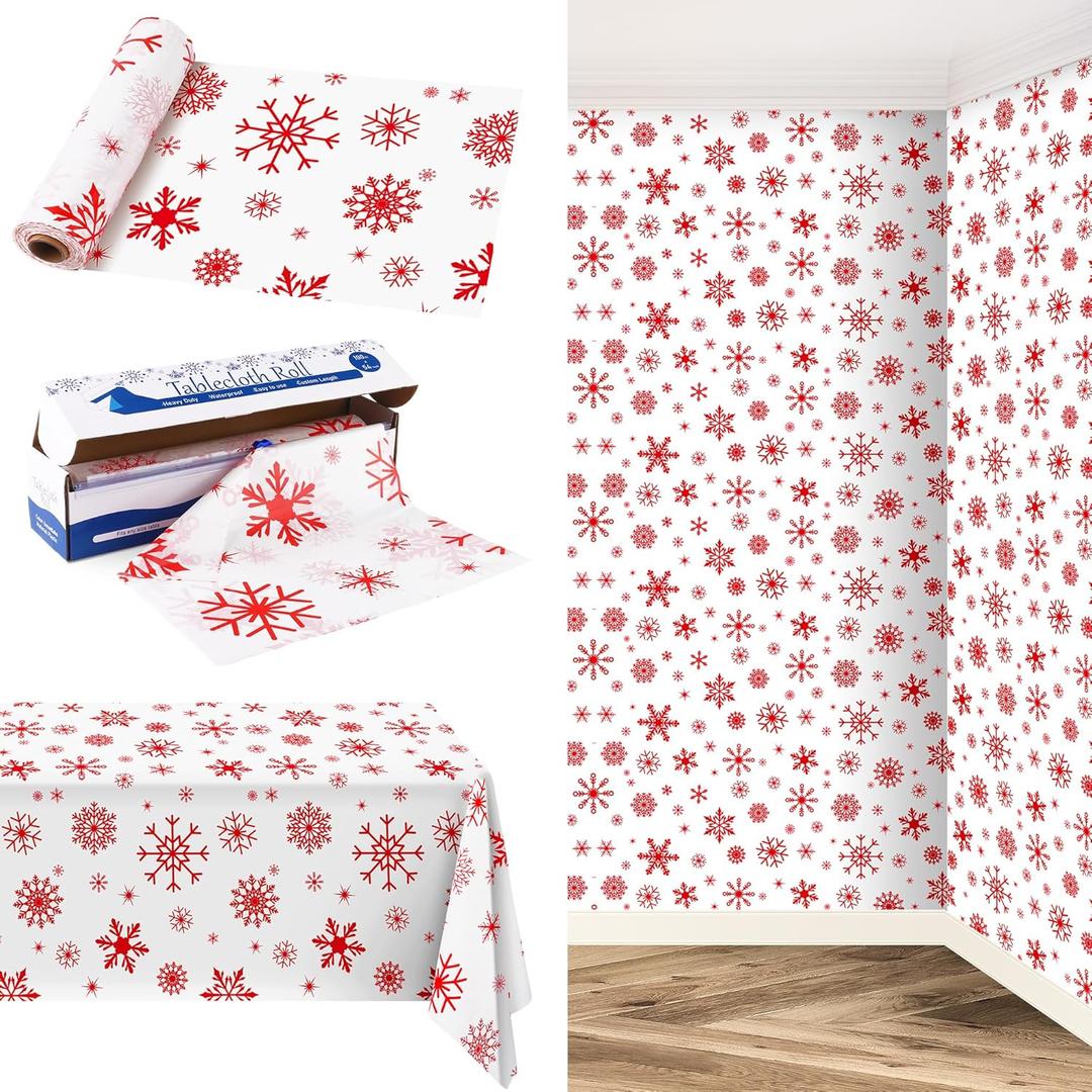Kochorie 100 Ft x 54 Inch Red Snowflake Tablecloth Roll with Cutter Box Christmas Themed Snowflake Printed Cut to Size Table Cover Disposable Winter Backdrop for Frozen Birthday Party Supplies