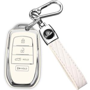 Key fob Cover for Toyota with Keychain, Soft TPU Key Shell Case for 2025 Camry, 2021-2025 Venza Sienna, 2019-2025 Land Cruiser, 2023-2025 Highlander Tundra Corolla Prius (Silver/White, 4 Buttons)