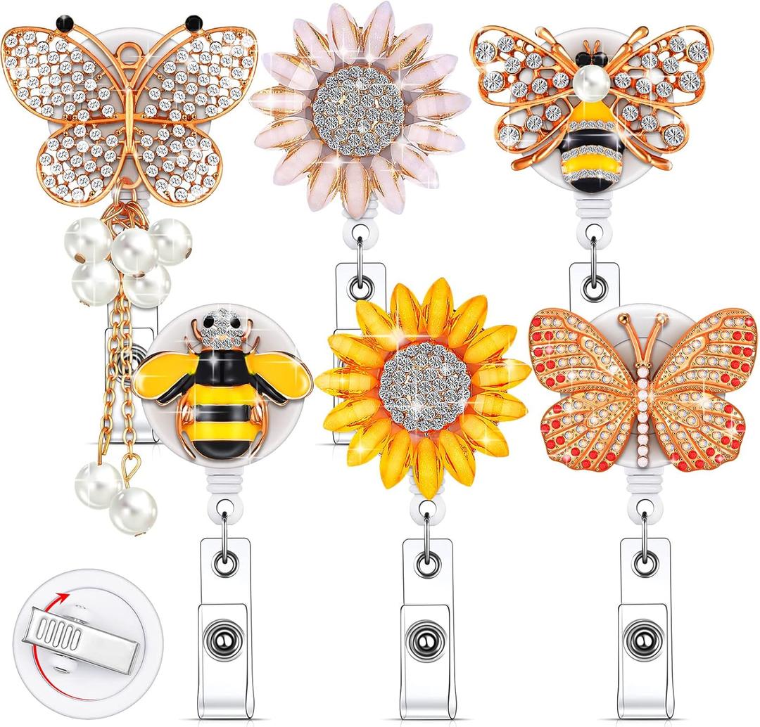 Chinco 6 Pack Retractable Badge Reel for Nurses Teachers, Rhinestone Bling ID Badge Holder with Clip, Cute Sunflower Butterfly Design, Nurse Accessories Gifts for Women