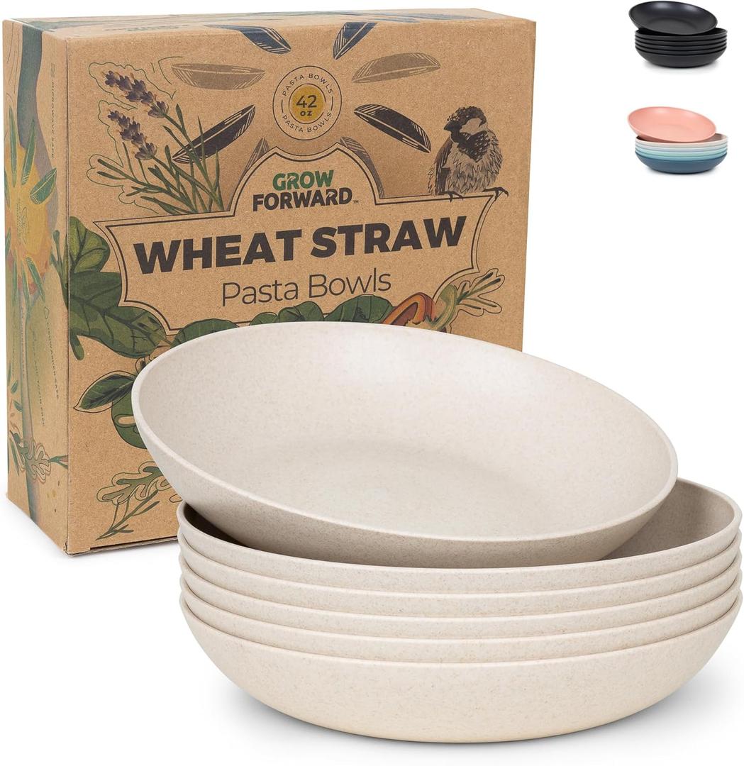 Grow Forward Premium Wheat Straw Pasta Bowls - 42oz Unbreakable Wide & Shallow Dinner Plate Bowls Set of 6 - Microwave Safe Reusable Plastic Pasta Bowls for Kids, Adults, Salad, Camping, RV - Sahara