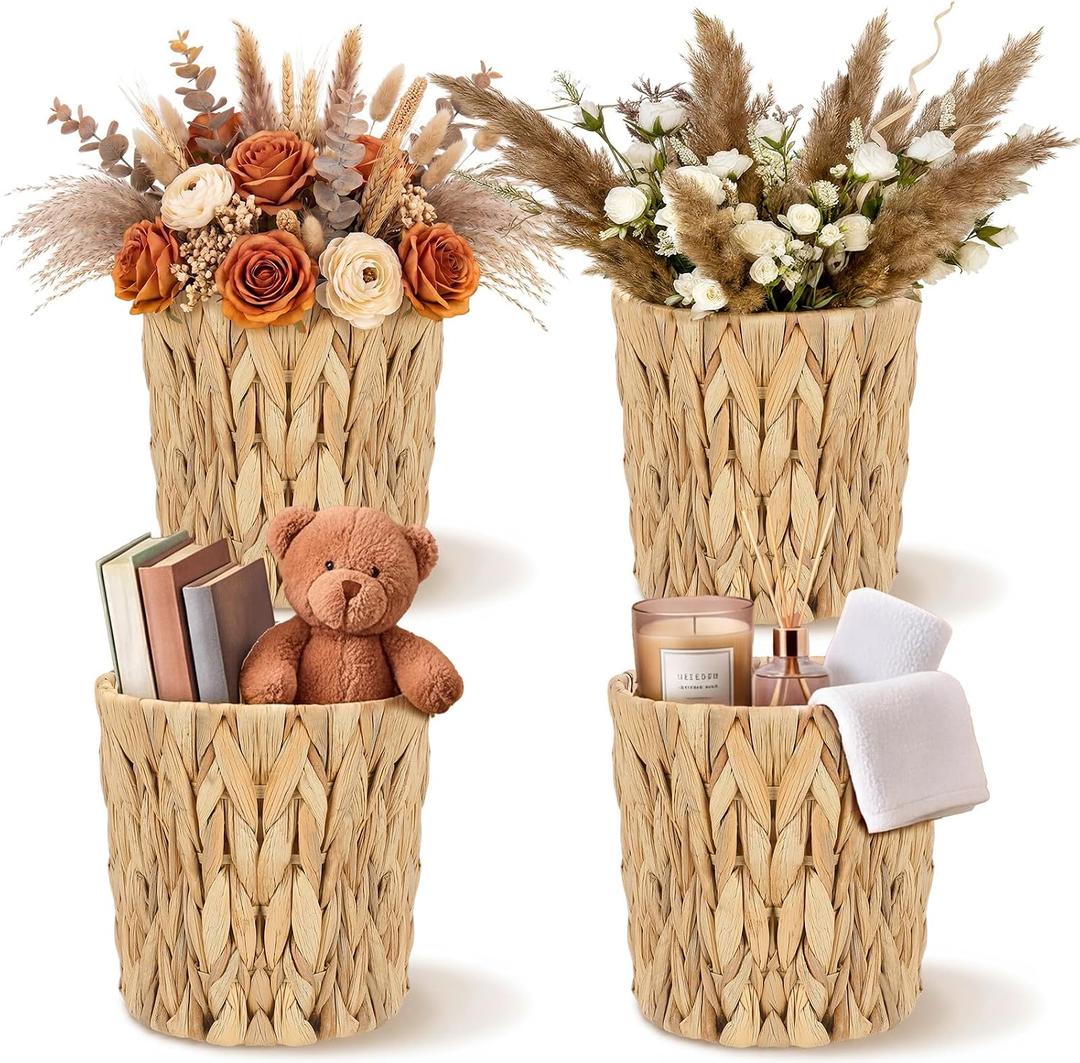 Set of 4 Water Hyacinth Planter Basket Boho Rattan Handwoven Storage Baskets Cottage Rustic Farmhouse Woven Rustic Wicker Sundries Baskets Artificial Flower Pots for Organizing Indoor Decor, 5.9 x 5.1 x 5.9 inches