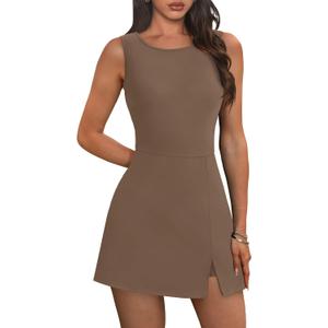 NIASHOT Athletic Dress for Women Mini Crew Neck Sleeveless Built in Shorts with Pockets Tennis Golf Dress A-coffee, X-Small