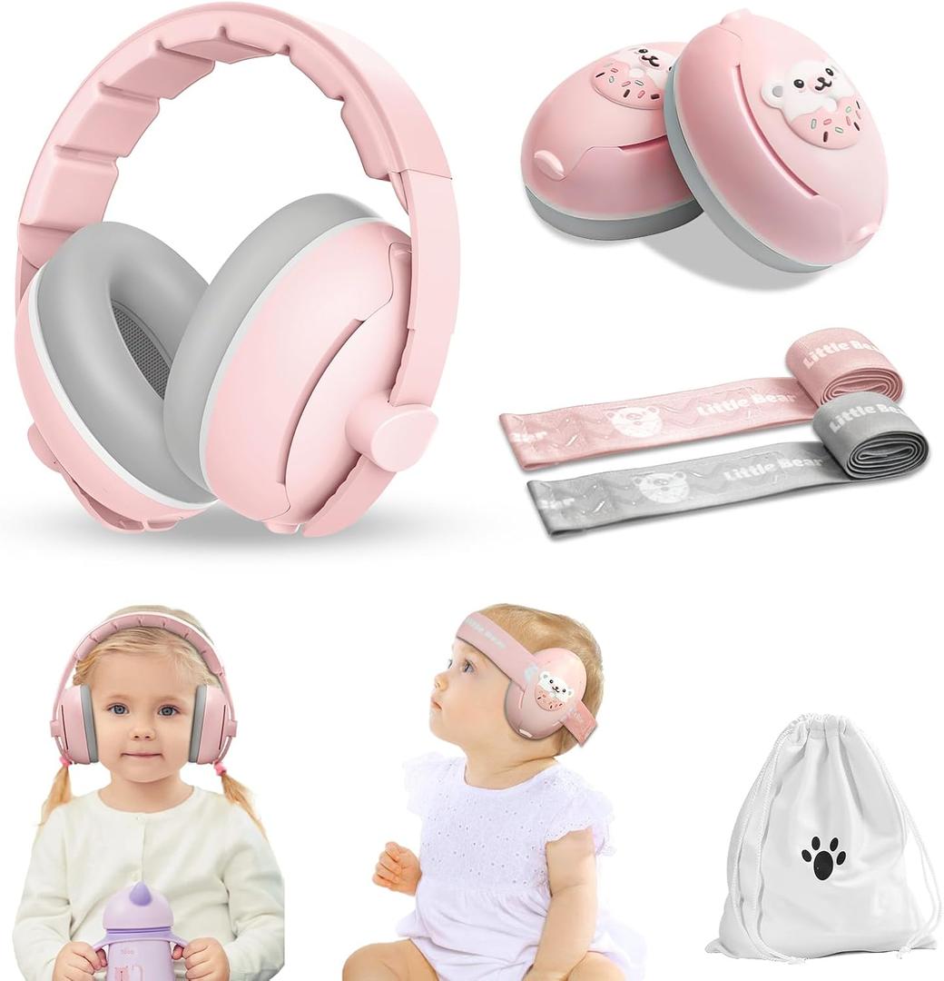 Baby Ear Muffs, 2-in-1 Baby Noise Canceling Headphone, Hearing Protection for Babies 0-48 Months, Adjustable Headband (Pink)