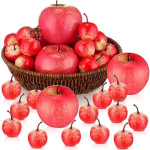 30 Pcs Fake Apples with Woven Basket Fall Artificial Red Apples for Autumn Harvest Decoration, Photography Props, Kitchen Table Centerpiece, Wreath DIY Crafts(2 Sizes)