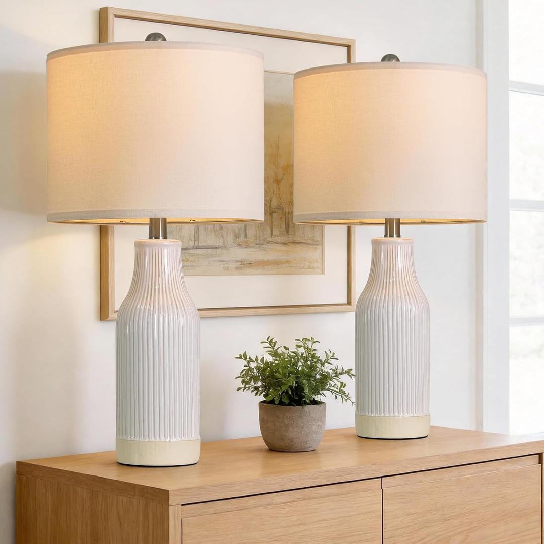23.75 inches Modern Ceramic Table Lamp Set of 2 for Living Room, Farmhouse Bedside Nightstand Lamp for Bedroom Home Office Dorm