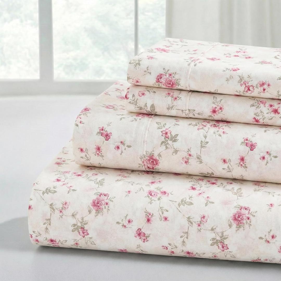 Modern Threads 4-Piece Ultra Soft Microfiber Bed Sheets Set, Wrinkle Free Sheets with Deep Pockets Fitted Sheet, Flat Sheet & Pillowcases, Lightweight Breathable Bedding, Floral Rose, Full