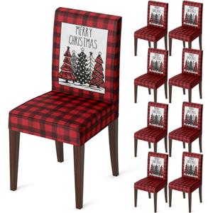 Horaldaily 8PCS Christmas Dining Chair Covers,Red Buffalo Plaid Trees Stretch Removable Washable Slipcover Chair Protector for Dining Room Home Decor