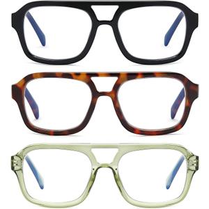 Aviator Reading Glasses for Women Men, 3 Pack Blue Light Blocking PC Recycled Material Retro Computer Readers(Black/Demi/Olive), Magnification Strength: 1.5 x