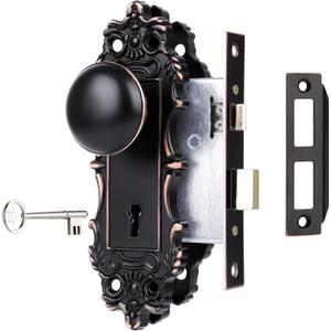 Mortise Lock Set for Interior Door, Antique Door Knob with Lock and Skeleton Key, Old Style Door Knob Lock Replacement, Vintage Mortise Door Knobs for Interior Doors, Oil Rubbed Bronze Finish