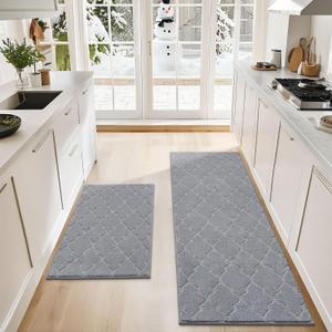 COSY HOMEER Soft Kitchen Rugs [2 PCS] for in Front of Sink Super Absorbent Kitchen Floor Mats and Mats 24x35 Inch/24X62 Non-Skid Kitchen Mat Standing Mat Washable, Polyester, Dark Grey 