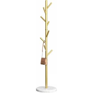 Freestanding Coat Rack with Natural Marble Base, 7 Heavy-Duty Hooks, Adjustable Height for Bedroom/Office/Hallway (Gold)
