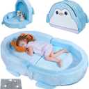 Portable Toddler Bed Folding Toddlers Floor Beds for Kids Foldable Soft Foam Travel Bed for Baby, Washable Cover Toddler Cot with Safety Rail for Travel, Home/Travel Sleep (Penguin)
