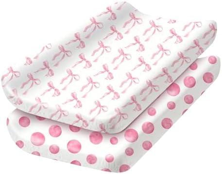 2 Pack Baby Changing Pad Covers, Changing Table Cover for Girls, Pink Bow Changing Pad Covers 32'' x 16'' Safe Snug Fitted Diaper Table Sheet Fits Standard Changing Tables and Dressers(Bassinet)