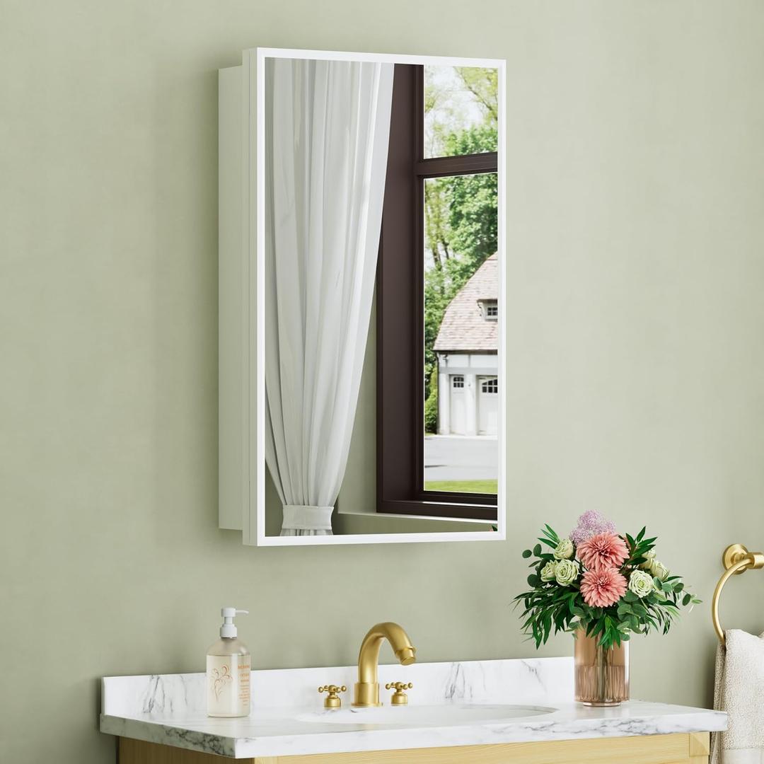 Buruis Framed Medicine Cabinet with Mirror, Recessed 13.35" x 22.83" or Wall Mounted 14"x 24" Bathroom Cabinet, Adjustable Tempered Glass Shelves, No Assembly Required, White, 14 x 24 inch Single Door