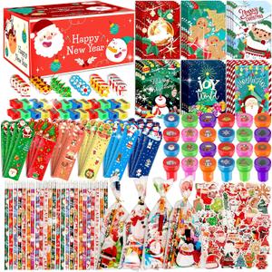218 Pcs Christmas Stationery Set for Kids Includes Pencil sharpener Eraser Ruler Stamp Mini Notebook Treat Bags Stickers, Xmas Party Themed Classroom Gift Exchange School Games Prizes Carnival Events