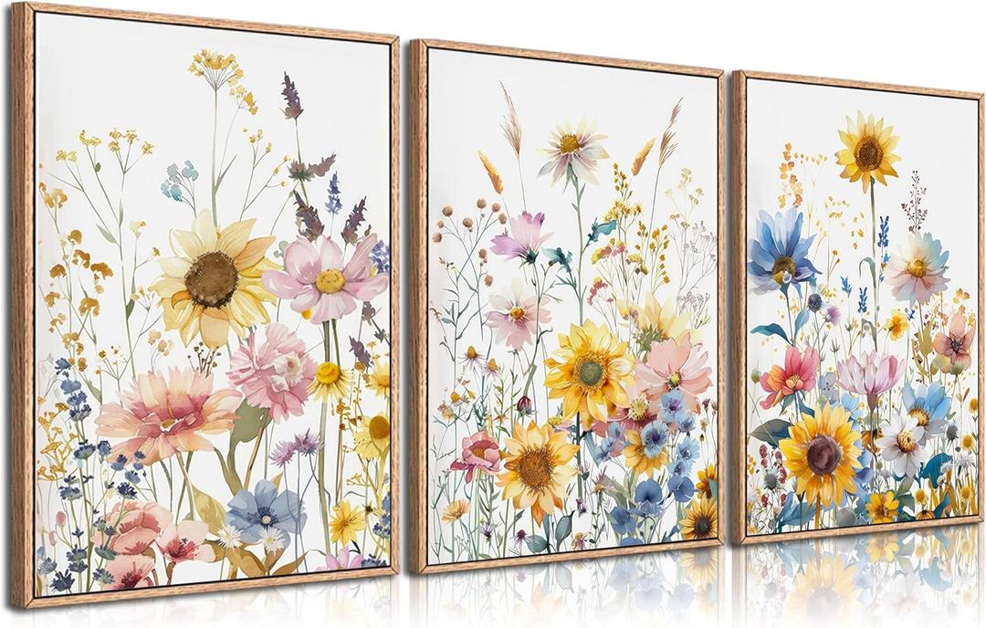 3pcs Colorfully Sunflowers Canvas Wall Art Watercolor Wildflowers Poster Prints Botanical Flowers Wall Decor Pictures for Living Room Bedroom Girl Room Paintings Artwork Decoration Unframed (24L x 16W - Posters)