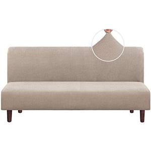 PrinceDeco Stretch Armless Futon Cover Futon Slipcover Full Queen Size Futon Couch Cover Futon Sofa Cover Futon Bed Cover Furniture Protector with Elastic Bottom, Checked Pattern Jacquard, Sand