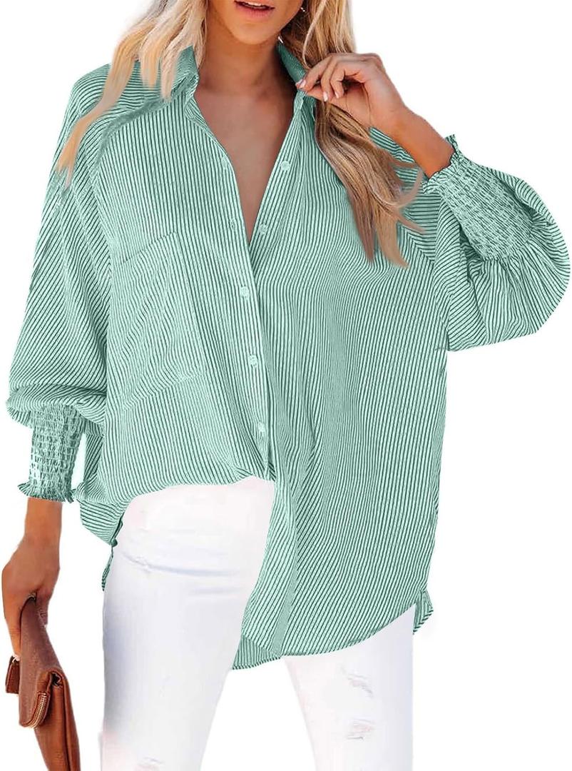 Womens Smocked Cuffed Striped Boyfriend Shirts Dressy Collar Long Sleeve Oversized Button Down Blouse Tops with Pocket (Large, Army Green)