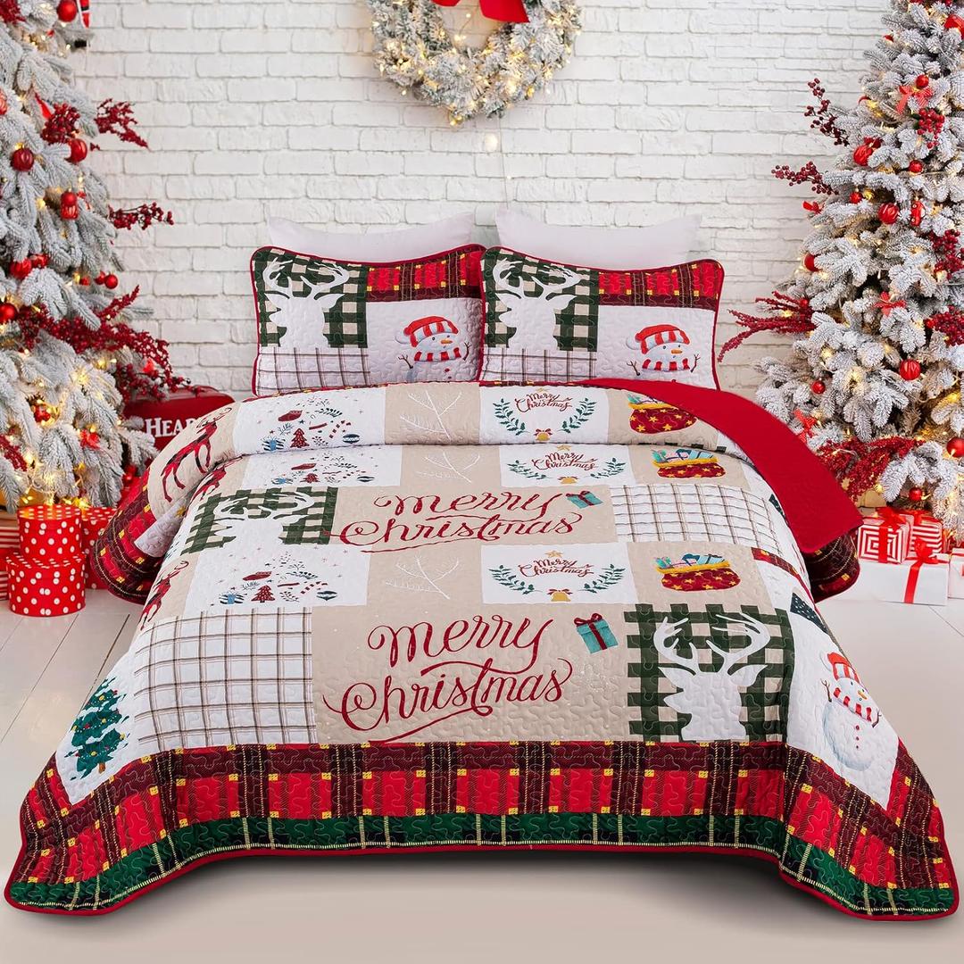 Christmas Quilt Set Queen,Christmas Tree Snowman Pattern Bedspread Bedding Set Reindeer Quilted Coverlet Set with 2 Pillowcases Queen (90"x90")