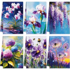 Geyoga 6 Pieces Purple Flowers Kitchen Towels Absorbent Dish Towels Decorative Tea Washcloth for Spring Summer Kitchen Bathroom Home Decor, 16 x 24 Inch (Purple, Blue)