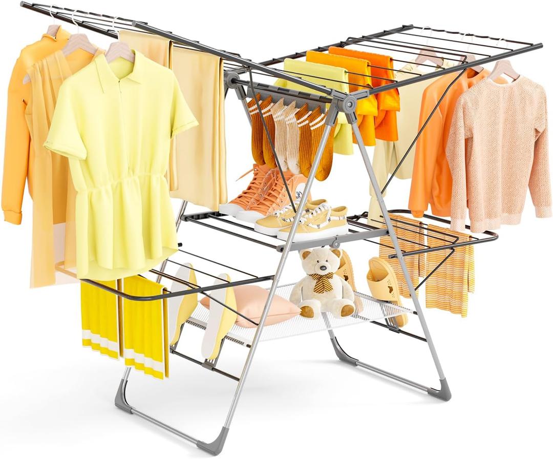 Clothes Drying Rack Foldable, 2-Tier Stainless Steel Heavy Duty Laundry Rack with Adjustable Height Wings, Sock Clips, Space Saving Drying Rack Clothing for Indoor & Outdoor, Apartment, Balcony