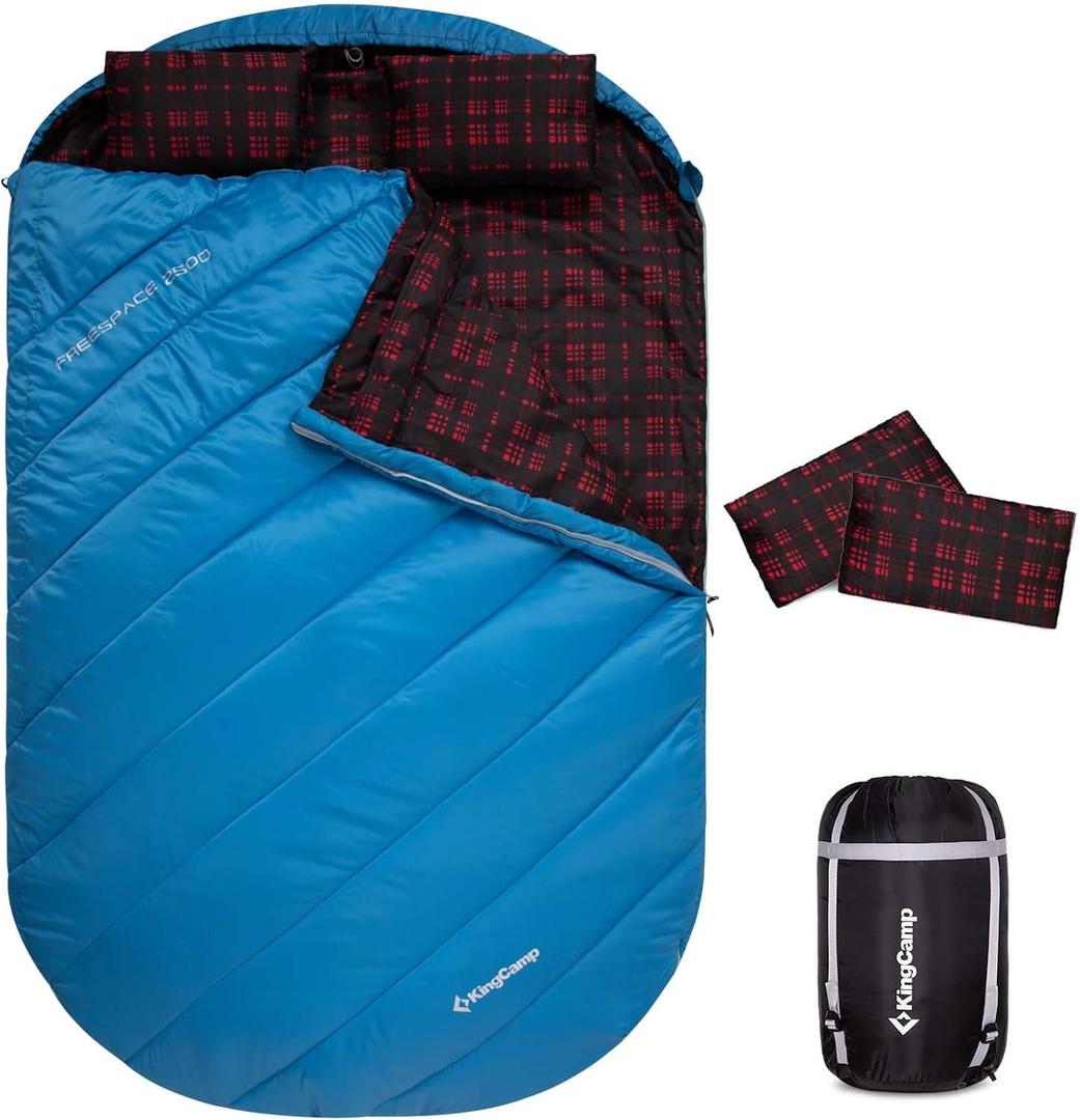 KingCamp Double Sleeping Bag for Adults, Queen Size 2 Person XXL Flannel Sleeping Bag, Waterproof Lightweight Flannel Quilt with 2 Pillows, Perfect for Couples Family Camping Hiking (Thermal Pod-Blue)