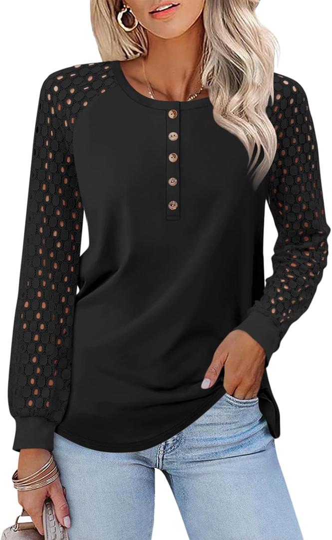 Minetom Womens Fall Long Sleeve Shirts Lace Puff Sleeve Tops Henley Button Up Blouses Dressy Casual 2026 Trendy Clothes (Green, S)