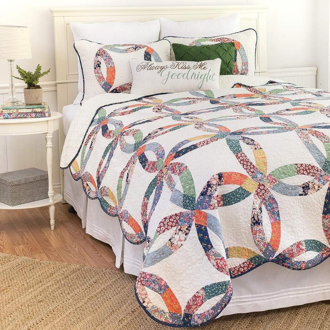 C&F Home Heritage Double Wedding Ring Patchwork Premium 3-Piece King Bedding Set All Seasons Luxury Vintage Machine Washable Reversible Lightweight Quilt Bed Bedroom Anniversary Romantic Gift Decor