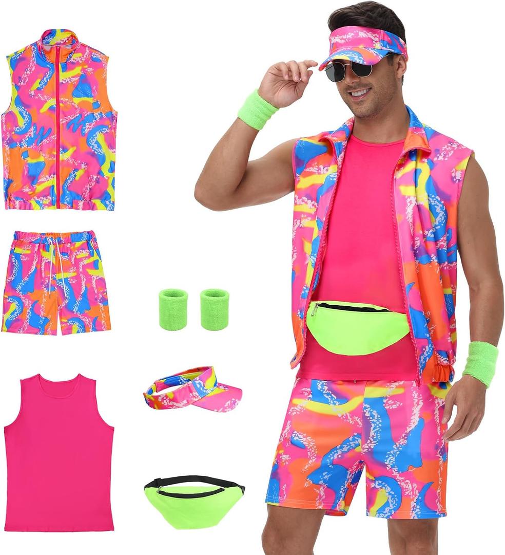 80s Men Workout Costume,90s Outfit Clothing for Adults, Halloween Cosplay Couples Costume Set (X-Large, Pink)