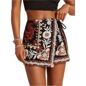 SweatyRocks Women's Shorts Floral Print Tie Side Wrap Elastic Waist Boho Short Skorts (X-Large, Black)