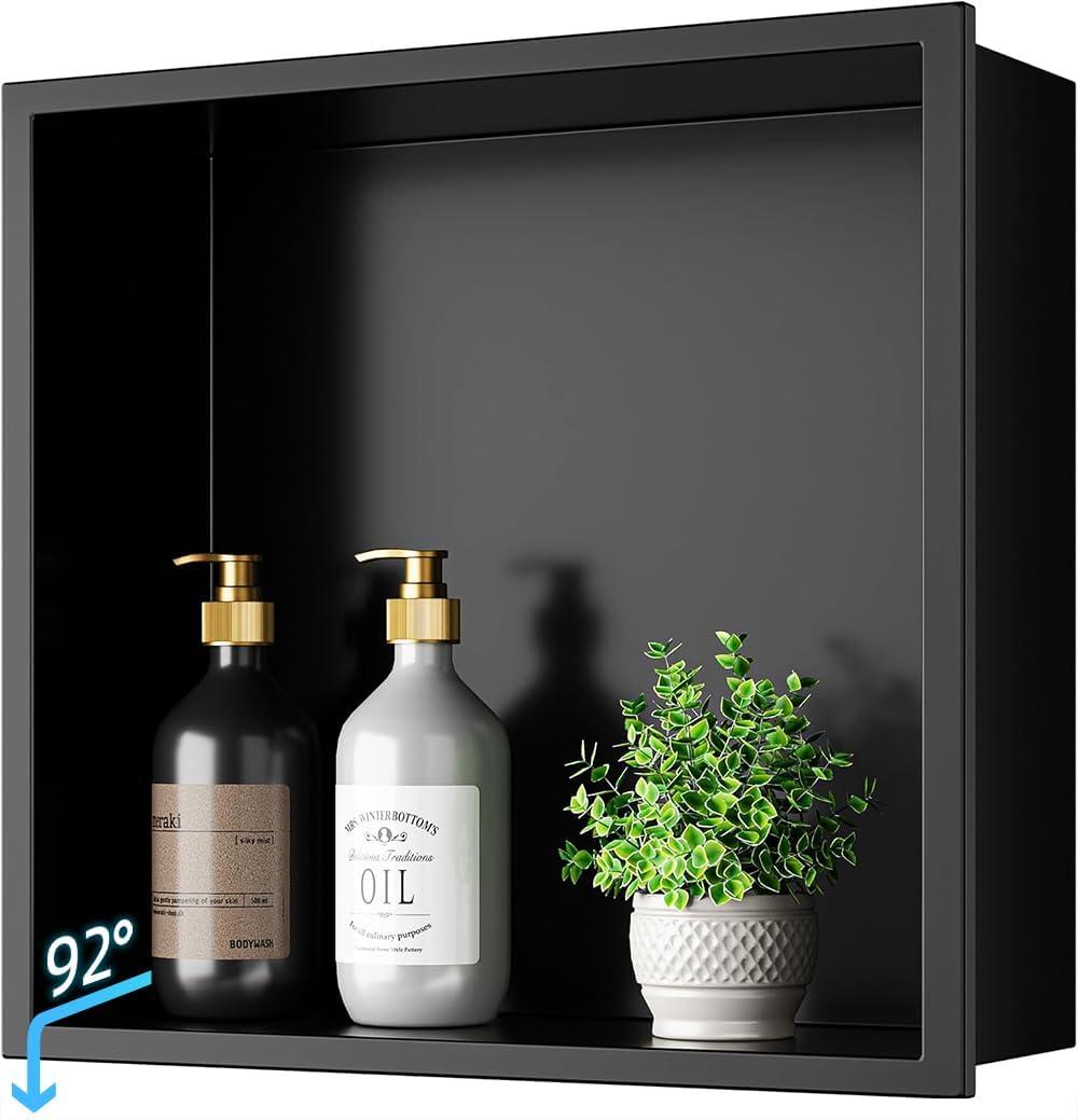 No Tile Needed Shower Niche - 12"x12" Black 304 Stainless Steel Recessed Shelf,Over Mount Installation for Bathroom & Shower Wall,Waterproof