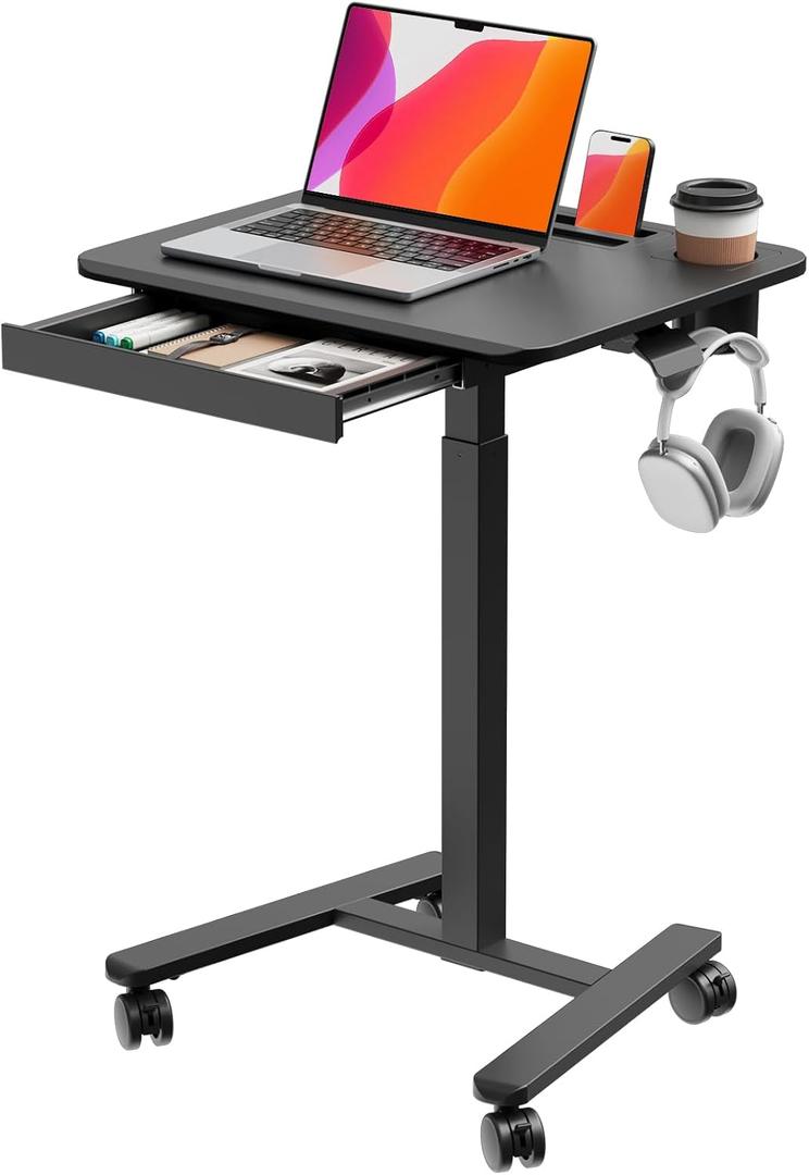 Small Mobile Standing Desk with Drawer, 23.6"x19.7" Rolling Laptop Cart on Wheels, Height Adjustable Sit Stand Computer Workstation with Storage for Compact Space, Black, 24"