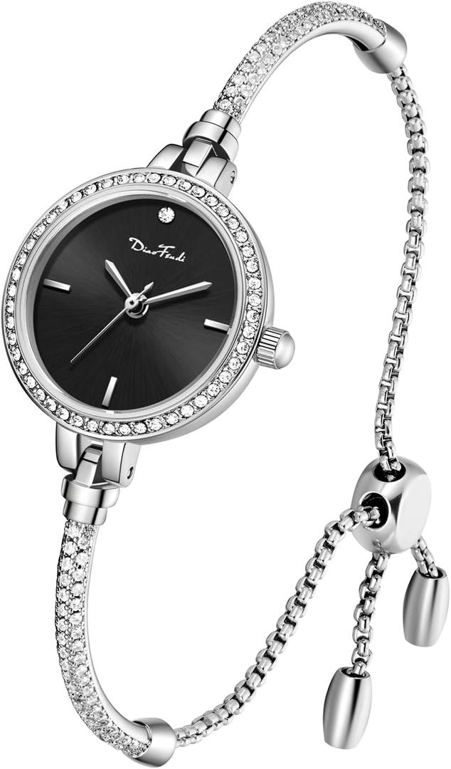 Petite Bracelet Watch for Women, Gifts for Girlfriend Diamond Dress Analog Watch Waterproof Silver Bracelet (Round - Silver Black)