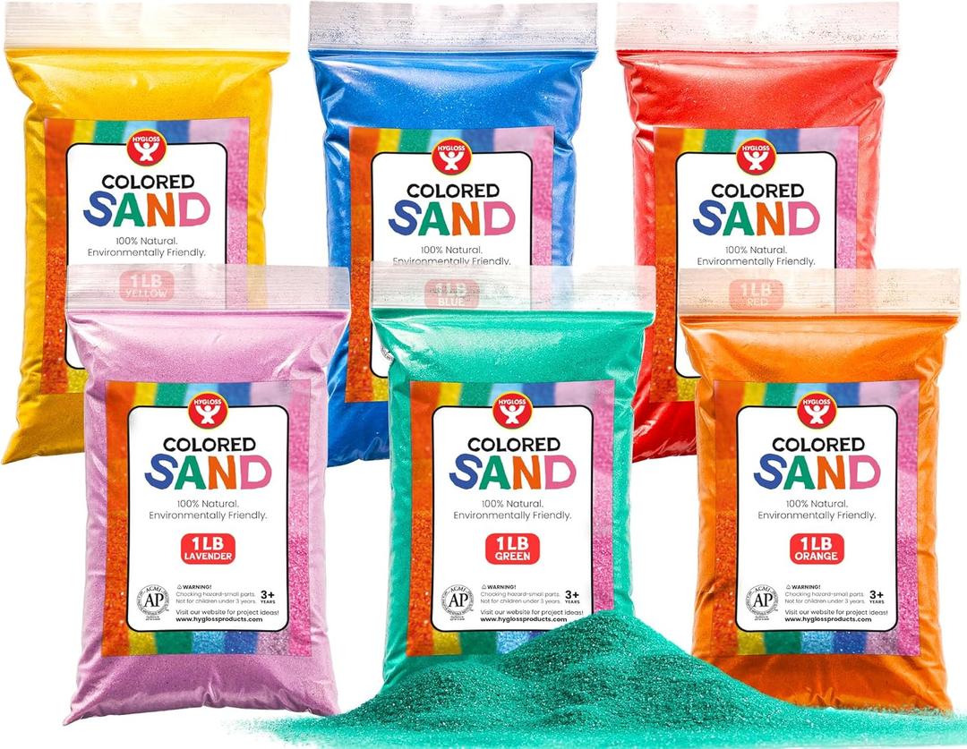 Hygloss Products Colored Play Sand  Assorted Craft Sand for Christmas Sand Art, 6 Vibrant Colors,1 lb Bags  Perfect for Holiday Gifts, DIY Decorations, and Creative Christmas Crafts - 6 lb Total