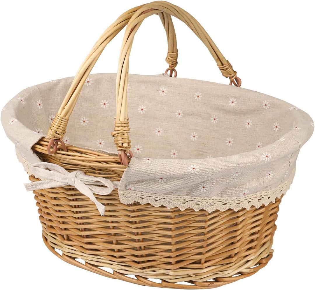 Large Multipurpose Wicker Basket with Handle, 14.2 x 11 x 6.7 in Wicker Picnic Basket with Liner, Empty Gift Basket, Oval Willow Woven Basket for Fruit, Wine, Gathering, Wedding, Picnic, by GNIEMCKIN (1 PCS Large Circular vine)