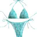 SHENHE Women's 2 Piece Smocked Triangle Bikini Sets Halter Drawstring Side Cute Swimsuits Floral Mint Blue, X-Small