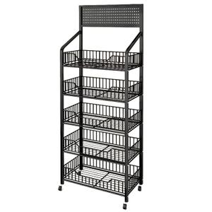 5 Tier Supermaket Snack Rack Display Stand, Free-Standing Black Retail Display Shelves with 12 Hooks & 4 Wheels, Large Metal Snack Shelf for Store Business
