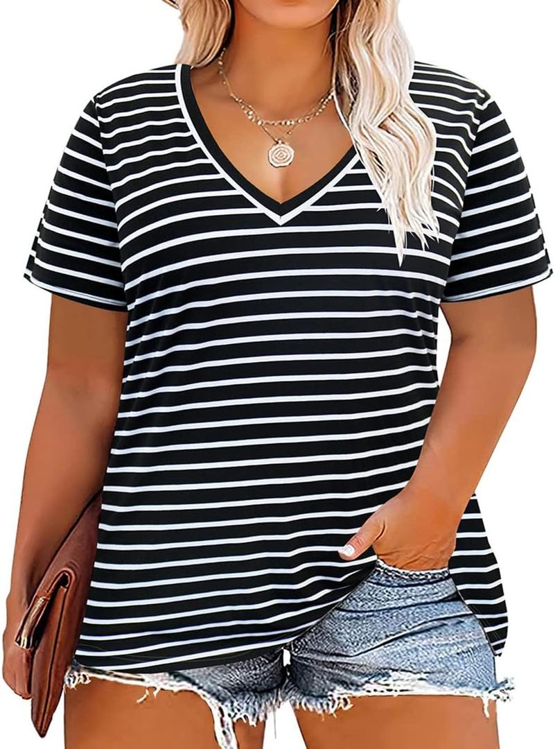 CARCOS Plus Size Tops for Women 3X Short Sleeve Striped T Shirts V Neck Black Blouses White Stripe Pullover Tunics for Spring Summer 3XL 22W 24W