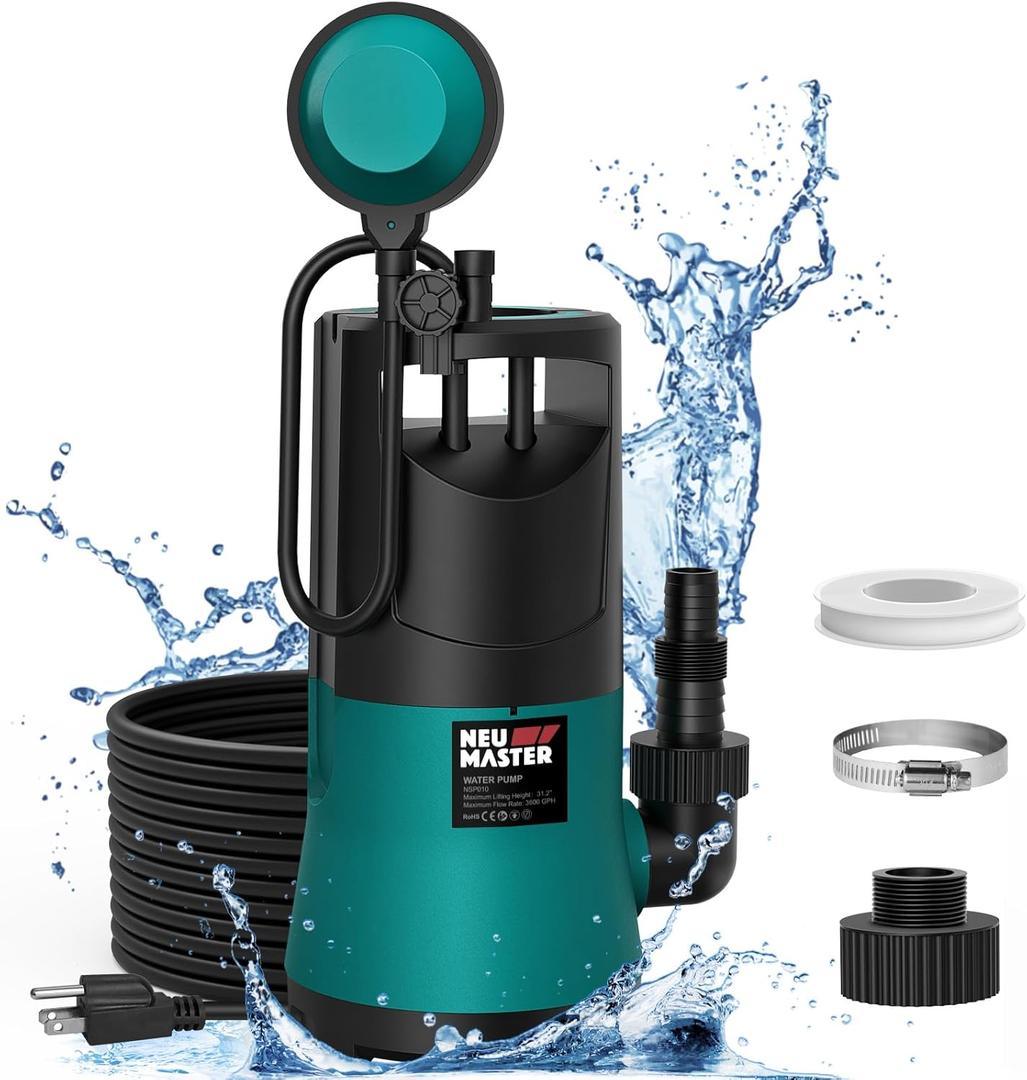NEU MASTER Sump Pump Submersible, 1HP 3800GPH Water Pump with Float Switch/3 Fittings, Electric Portable Transfer Water pump for Pool Draining, Basement, Backyard, Garage, Garden, Hot Tub
