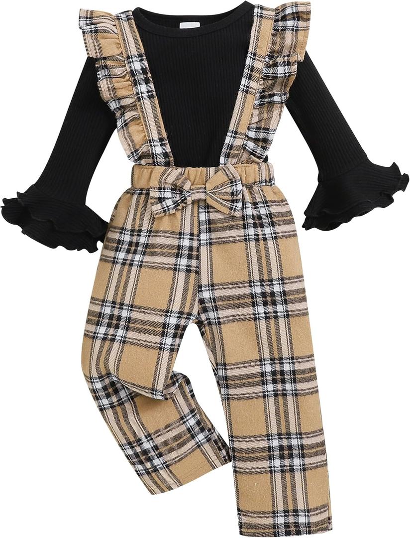 Renotemy Toddler Baby Girl Clothes Fall Winter Overalls Jumpsuit Ribbed Knit Sweater Plaid Suspender Pant 2PCS Outfits 12M-4T (12-18 Months, Black Brown Plaid)