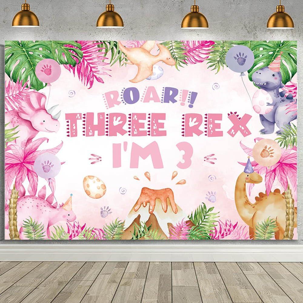 MEHOFOND 7x5ft Three Rex Birthday Backdrop for Girls Pink Dinosaur 3rd Birthday Decorations Banner Three Dino Rex Photography Background Dino Themed 3 Year Old Birthday Party Cake Table Decor Supplies