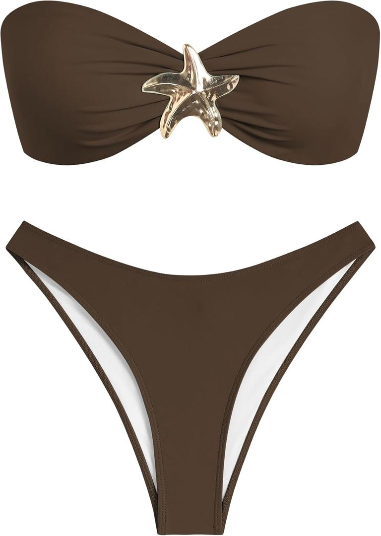 ZAFUL Womens Bandeau Bikini Set Metallic Sparkly O Ring Lace Up Tie Side High Cut Tanga Sexy Bathing Suit Swimwear (Medium) ZAFUL Womens Bandeau Bikini Set Metallic Sparkly O Ring Lace Up Tie Side High Cut Tanga Sexy Bathing Suit Swimwear (Medium)