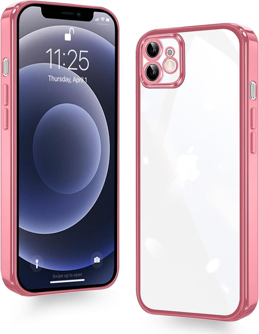for iPhone 12 Case Clear, Electroplating Protective Case, Thin Soft Transparent Protective Cover, Non-Yellowing Shockproof Military-Grade Protection Anti-Scratch Rose Gold