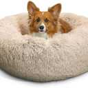Best Friends by Sheri Original Calming Donut Dog and Cat Bed, Shag Faux Fur, Taupe, (30in x 30in) - Anxiety Relief for Pets Up to 45 lbs